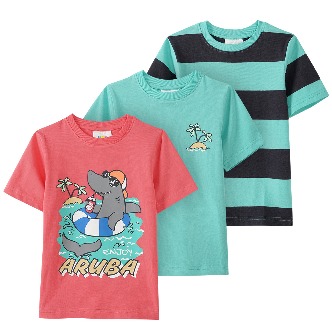 Famy 3 Jungen T-Shirts in verschiedenen Dessins hellrot / helltürkis / dunkelgrau