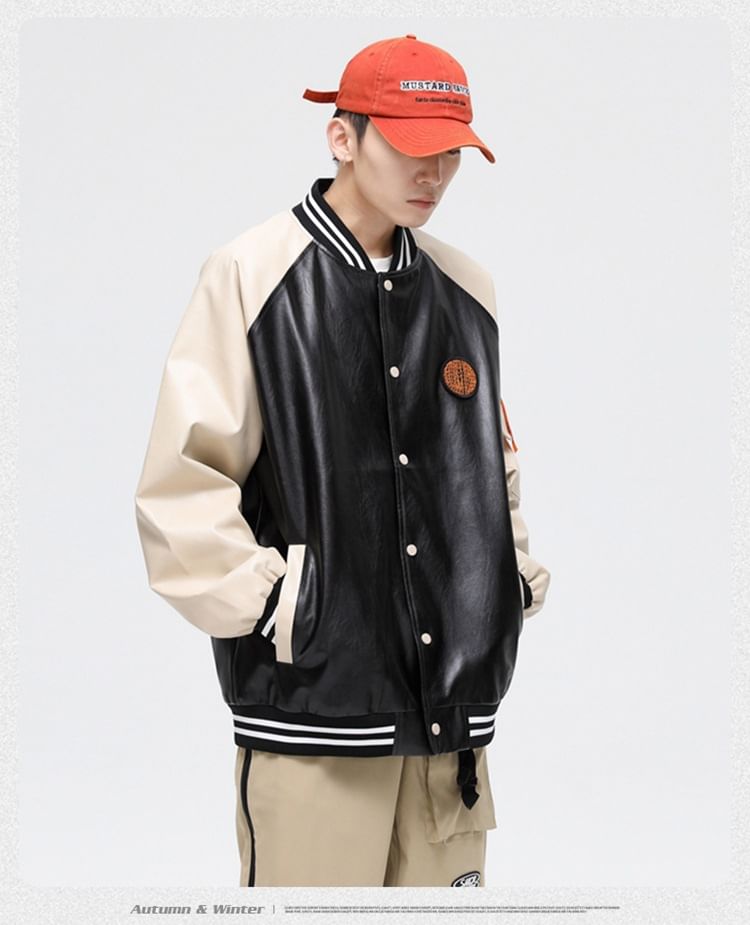 Stone Leo - Baseballjack met applicatie en knopen van imitatieleer