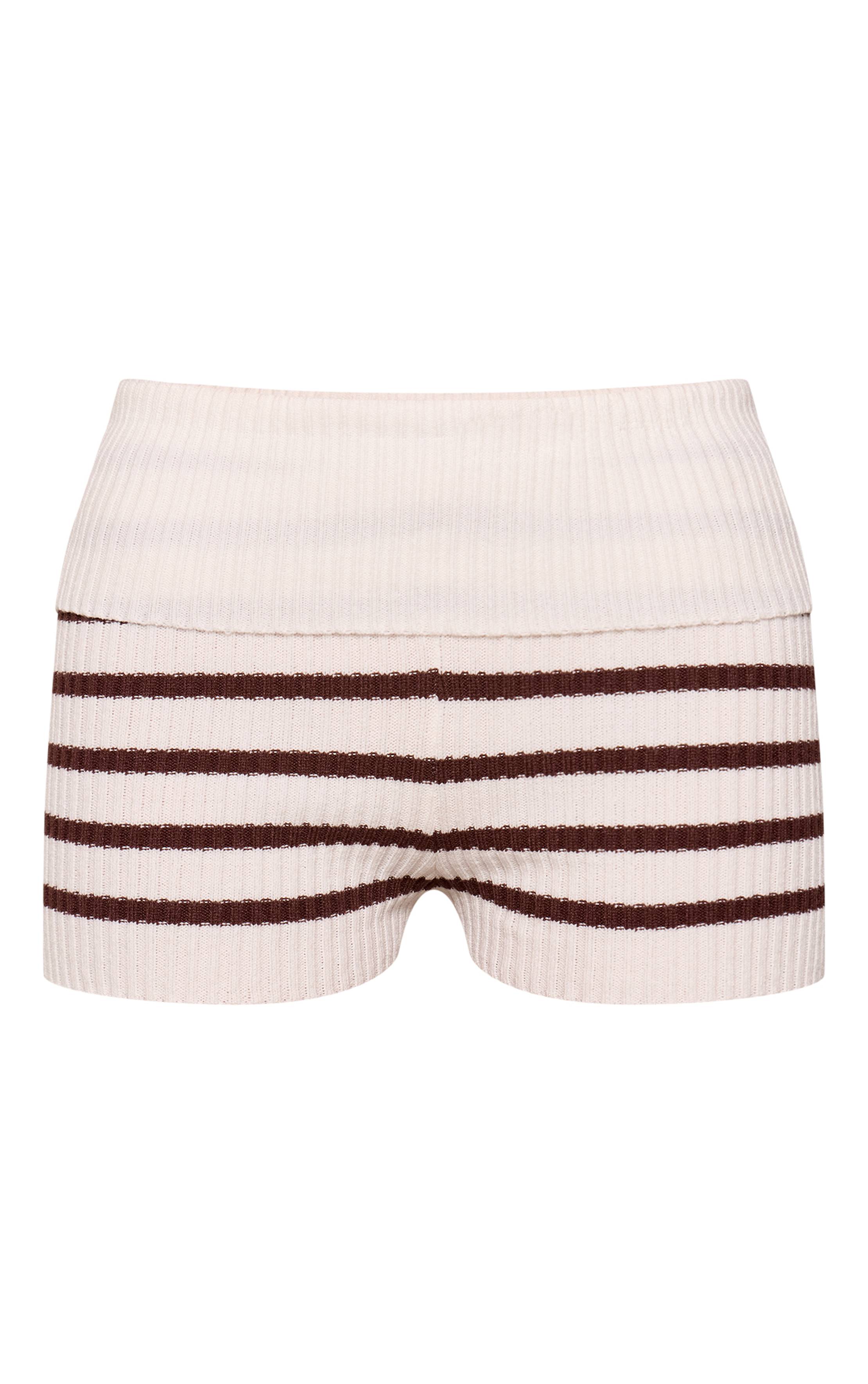 Crème Short Mini En Maille Rayée Crème Avec Taille Repliable