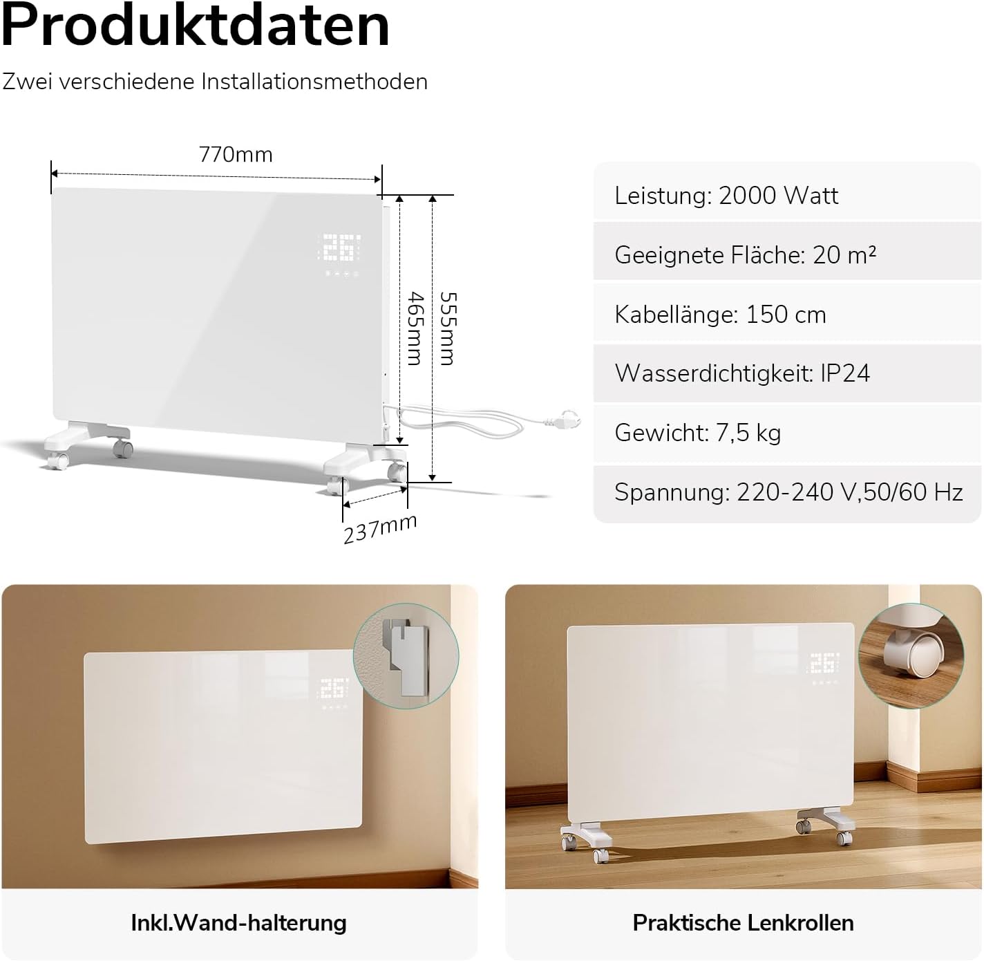 EMKE Elektroheizung Energiesparend 2000W, Konvektor-Heizung Elektrisch mit WLAN & App-Steuerung, Smart Elektroheizkörper Standgerät oder Wandmontage Weiß