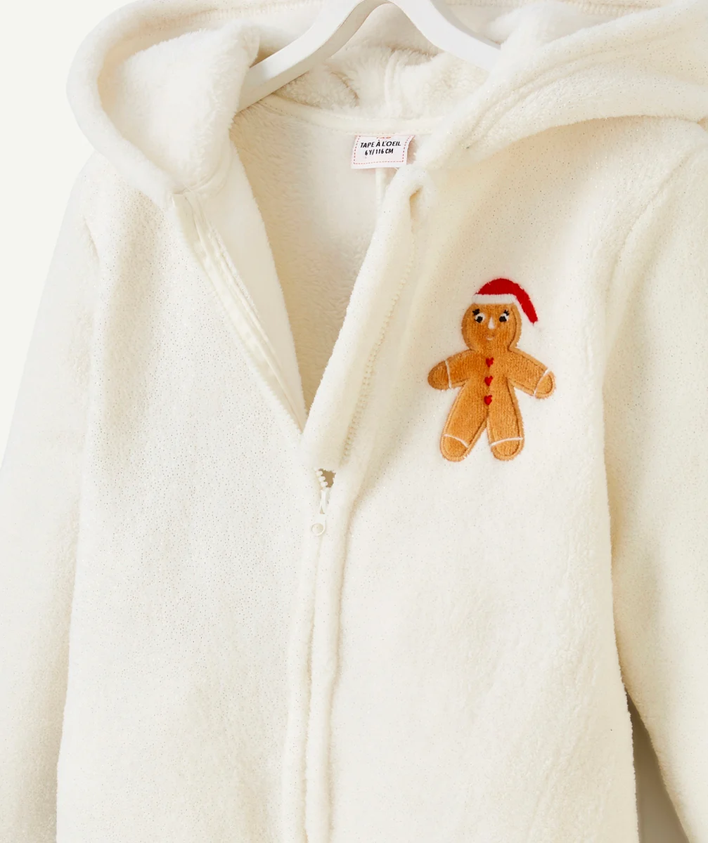 SURPYJAMA DE NOËL FILLE EN FIBRES RECYCLÉES ÉCRU AVEC CAPUCHE ET OREILLES DE CERF
