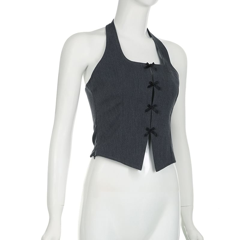 BrickBlack - Halternek, effen strikaccent, open rug en split crop top