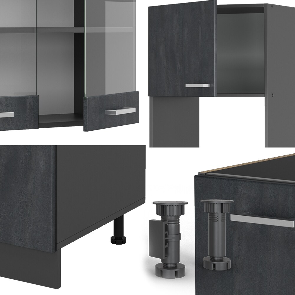 Vicco Eckküche R-Line 247x237 cm Schwarz Beton Anthrazit ohne Arbeitsplatte