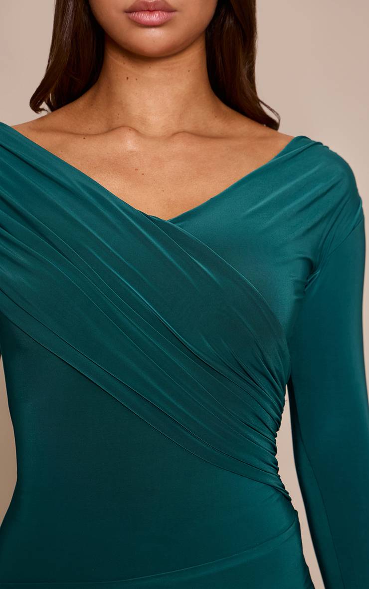 Forest Green Robe Maxi Bardot Asymétrique À Double Couche