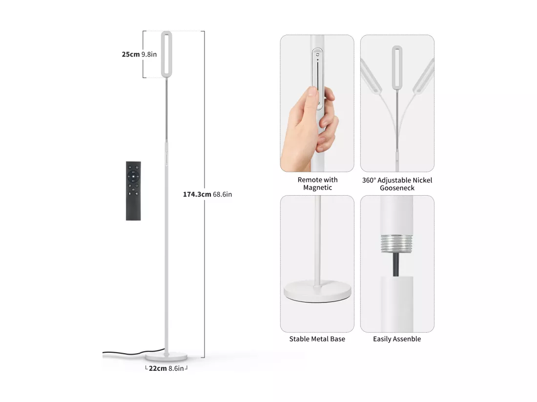 ANTEN Lampadaire sur Pied de Lecture LED Dimmable avec col de Cygne Flexible,12W 550 Lumens,Contrôle Tactile,4 Températures Couleur,Minuterie1heures
