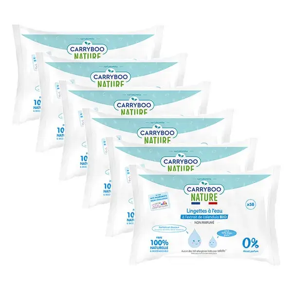 Carryboo Soins Lingette à l'Eau Pure Calendula Bio 58 unités - Lot de 6