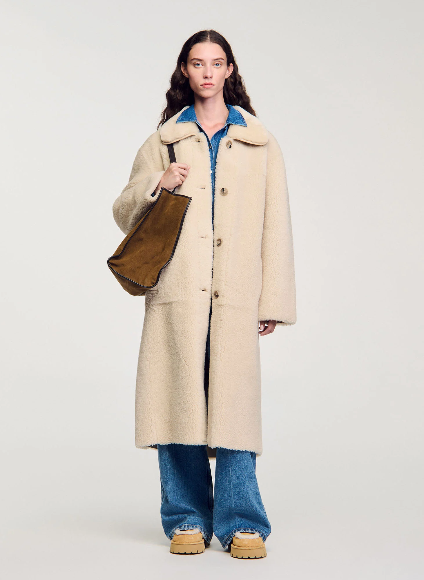 Manteau droit en peau lainée | Blanc