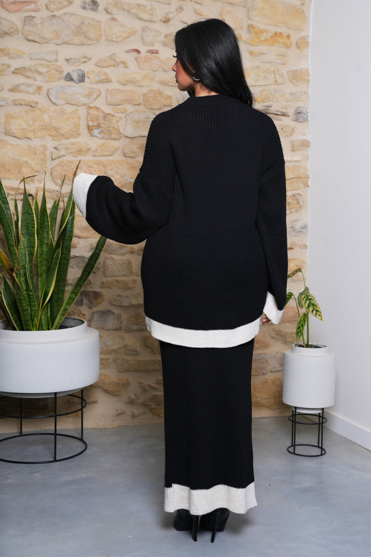 Ensemble 2 pièces pull + jupe bicolore noir et beige