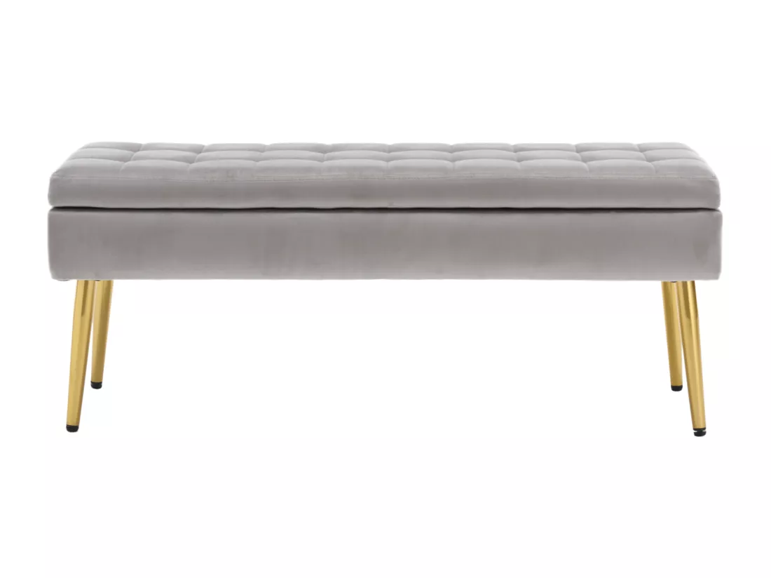 Banc de rangement, 111x35x44.5cm, pieds en métal doré pour salon, à l'entrée, à la chambre à coucher, en velours Gris clair