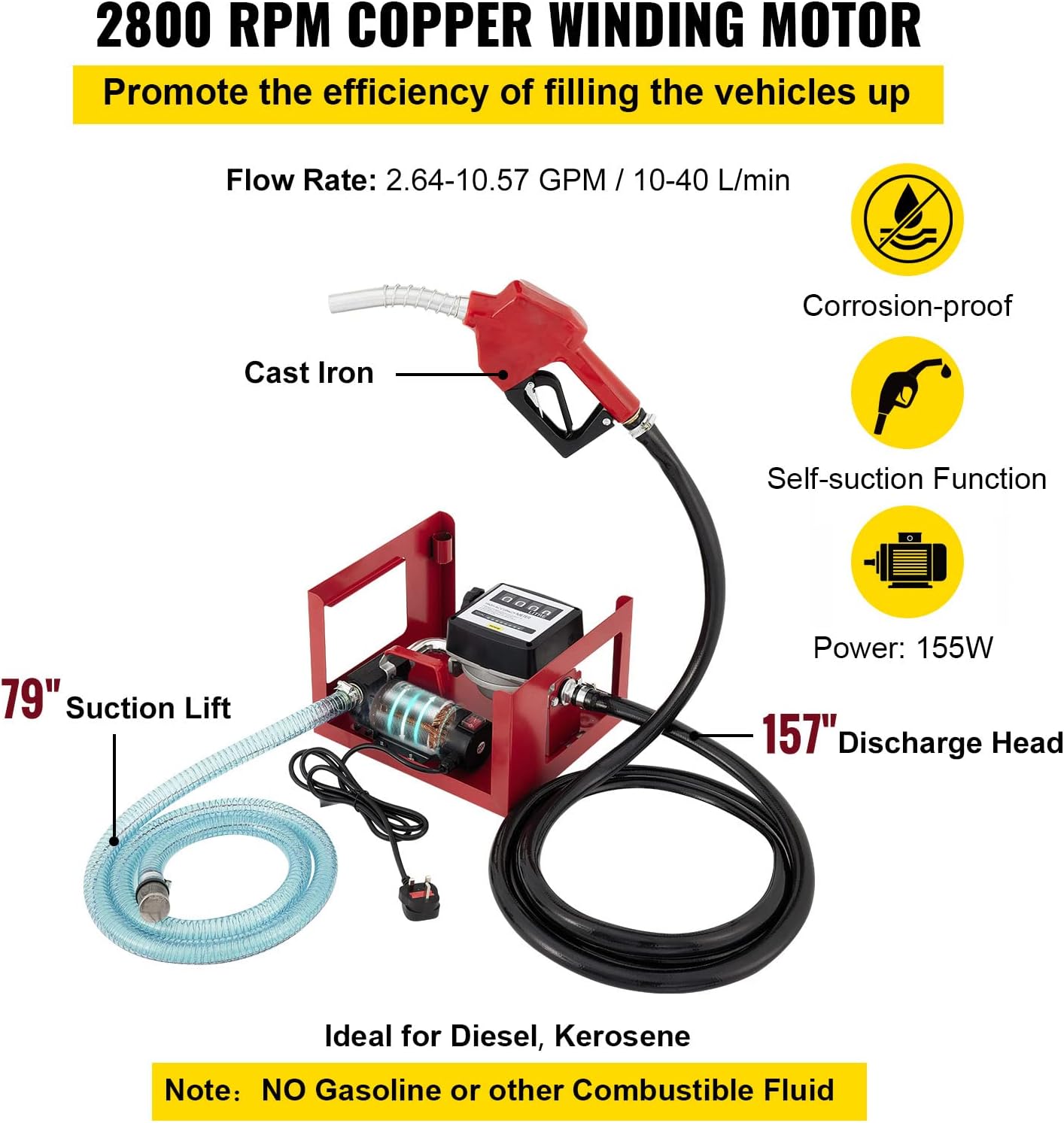 VEVOR Dieselpumpe Heizölpumpe 40L, 155W Selbstansaugende Ölpumpe, 2800U/min Motordrehzahl Ölabsaugpumpe Selbstansaugend, 20 kg Diesel Kraftstoff-Umfüllpumpe, Zählwerk Automatik Pumpe für Biokraftstoff