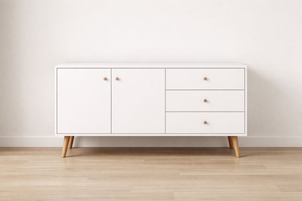 Weißes Sideboard Holz Spanplatte 2 Türen 3 Schubladen
