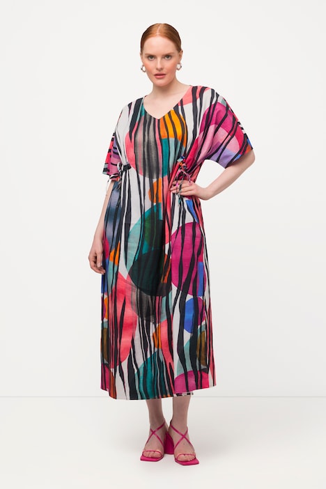 Midikleid, Leinenmix, A-Linie, V-Ausschnitt, Halbarm