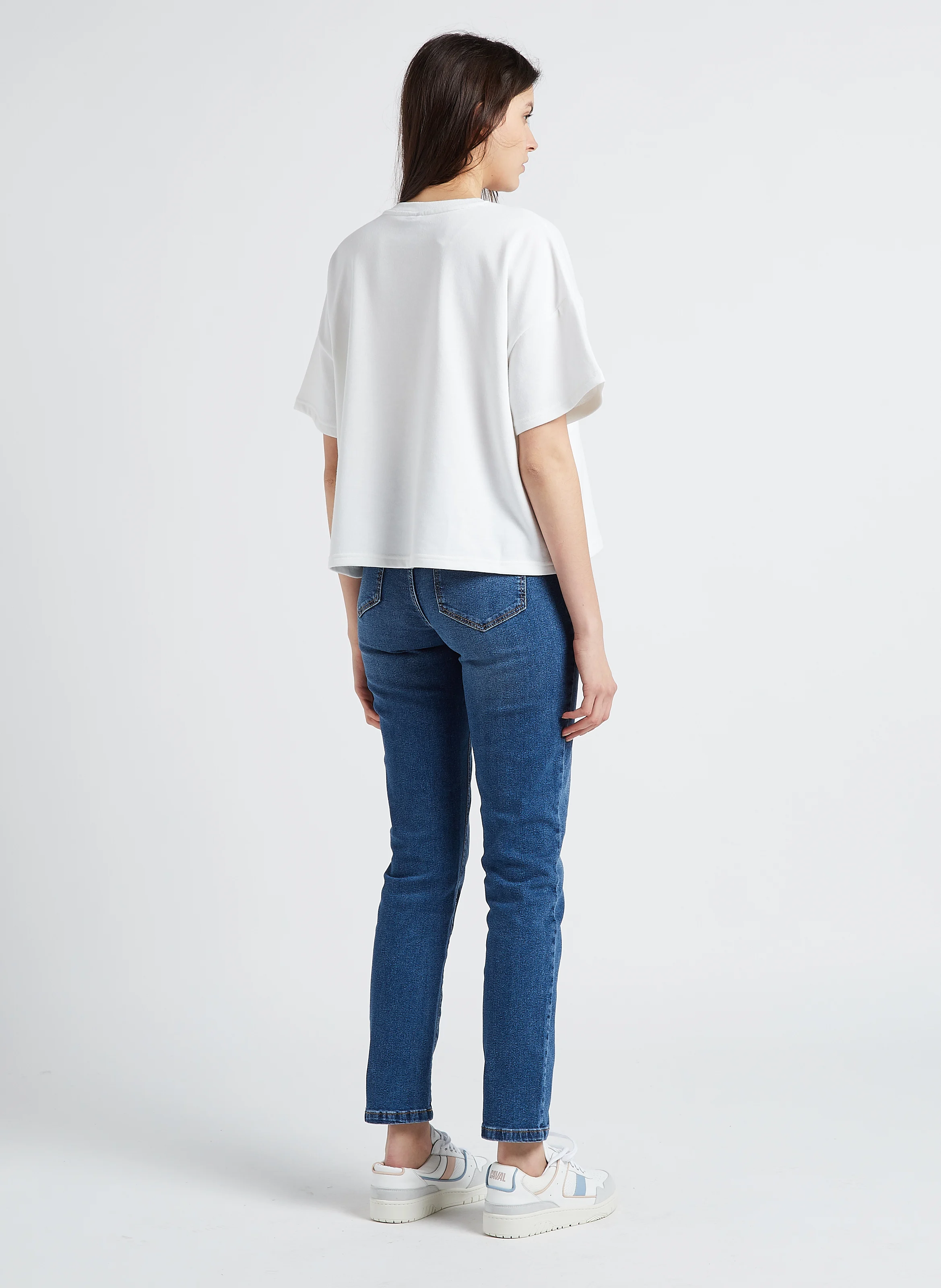 Jean droit taille mi-haute en denim de coton| Bleu