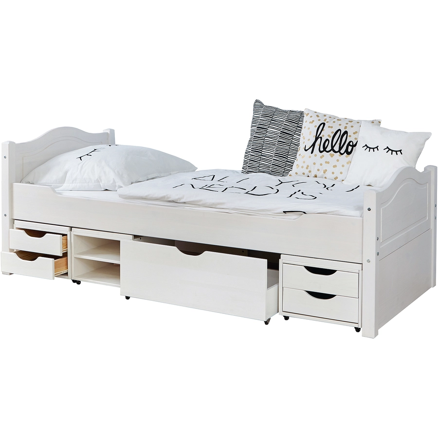 TiCAA Einzelbett Leni 100 x 200 cm Kiefer weiß mit 4 Funktionsschubladen