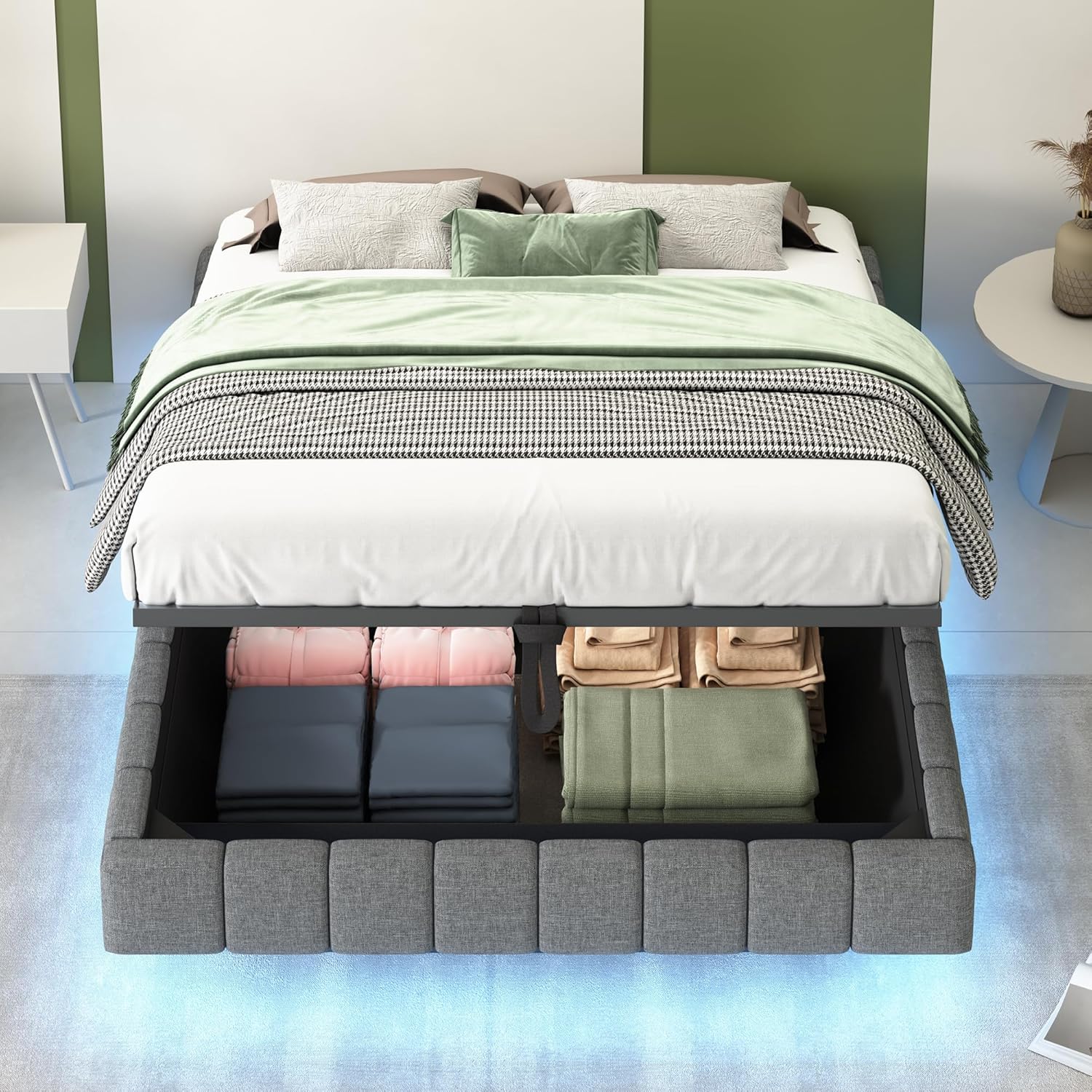 Doppelbett Polsterbett 140x200 cm mit Bettkasten ohne Kopfteil, Bett Schwebebettrahmen mit Stauraum, Tragfähigkeit 250 kg (Grau)