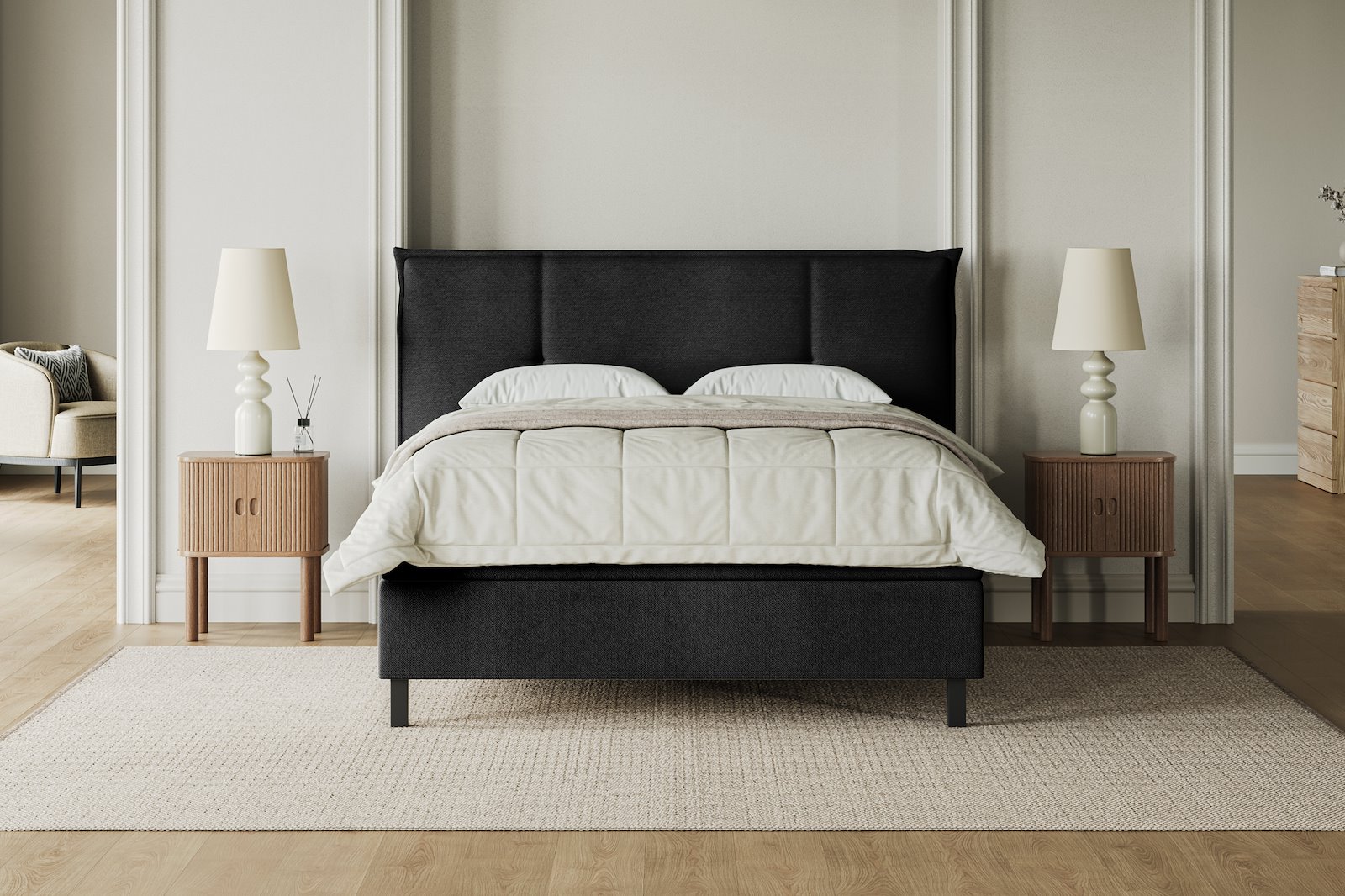 XOV Premium 15 Kontinentalseng 140x200 cm i tekstil copenhagen 800 sort, , fast/fast med Premium 15 overmadrass og sort firkantede ben, gavl selges separate