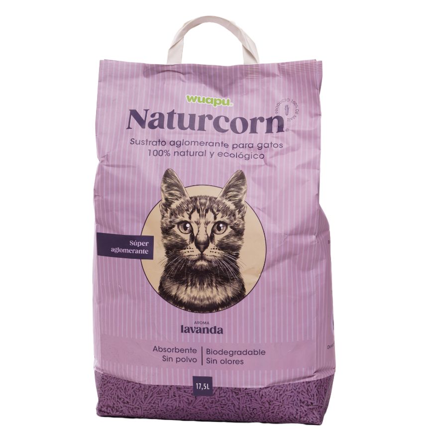 Areia higiênica de milho natural Wuapu Naturcorn com aroma de lavanda para gatos.