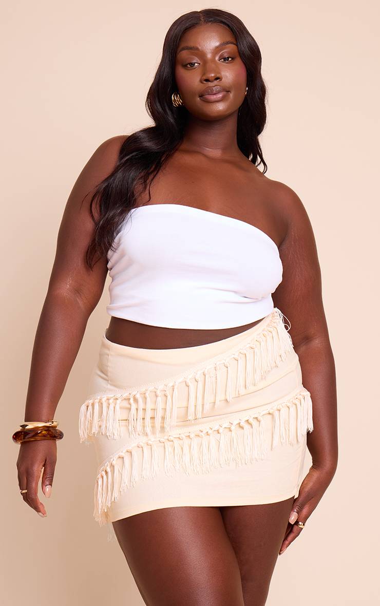 Crème Jupe Mini En Lin Avec Détails Pompons Grande Taille