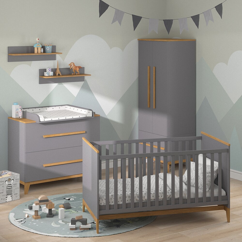 VitaliSpa Babymöbel Set Malia Grau Eiche Wickelkommode Wandregal Kinderbett Kleiderschrank Kinderzimmermöbel Wickelauflage Aufbewahrung Lattenrost Rausfallschutz Kleiderstange