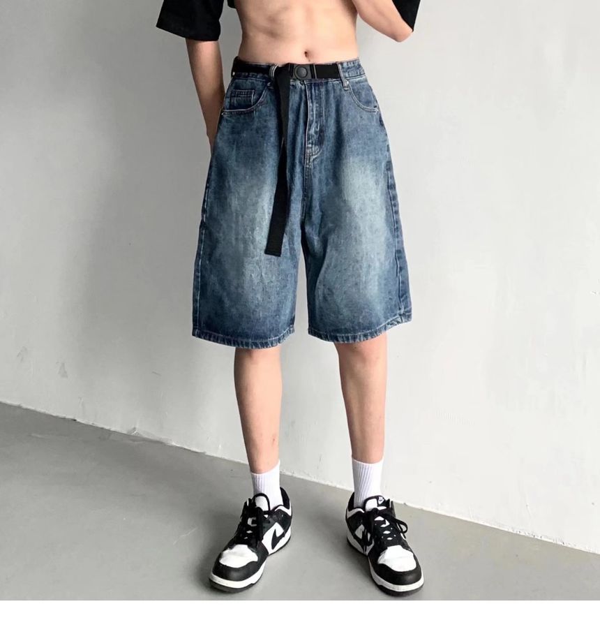 Nightbell - Mid Rise Washed Denim Shorts