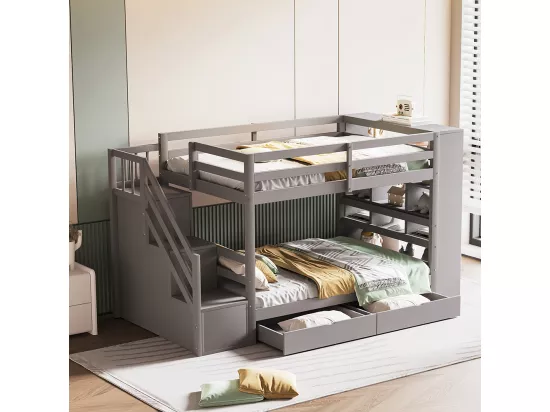 Lit superposé 90 x 200 cm avec escalier de sécurité et rangement tiroirs grands casiers clôture haute sommier à lattes en Pin Gris