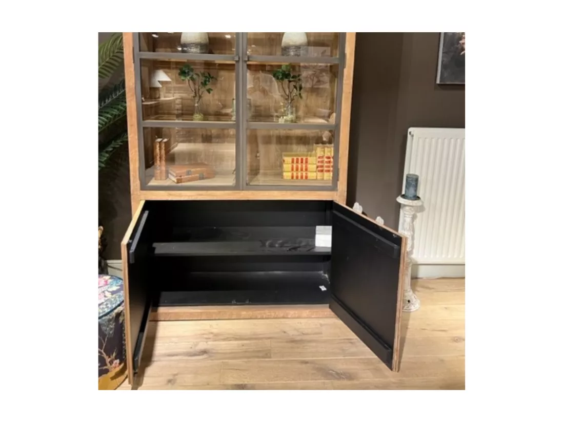 Buffet vaisselier en bois recyclé et métal 4 portes éclairage LED - LINAS
