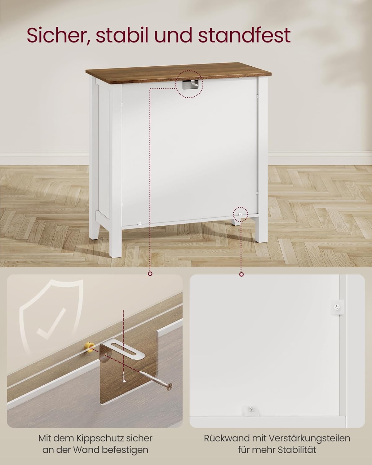 VASAGLE Küchenschrank, Sideboard mit Schubladen, Aufbewahrungsschrank mit Türen, verstellbare Ablage, Landhausstil, für Wohnzimmer Küche, 40 x 80 x 80 cm, wolkenweiß-honigbraun BBK341W02