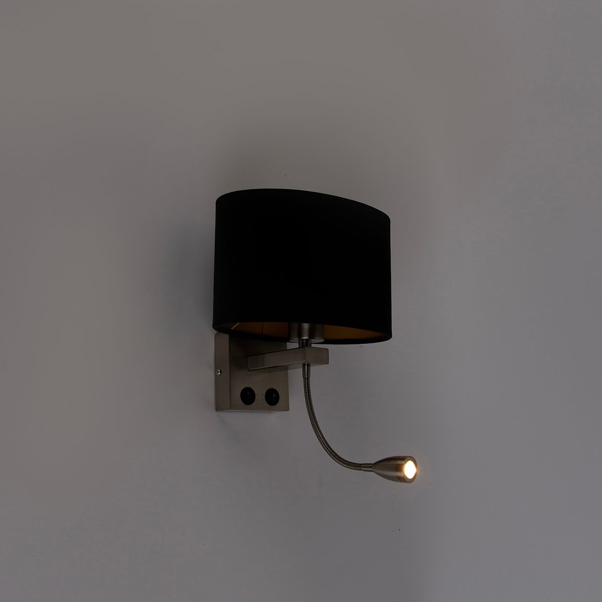 Wandlamp staal met ovale velours kap zwart 25cm - Brescia Combi