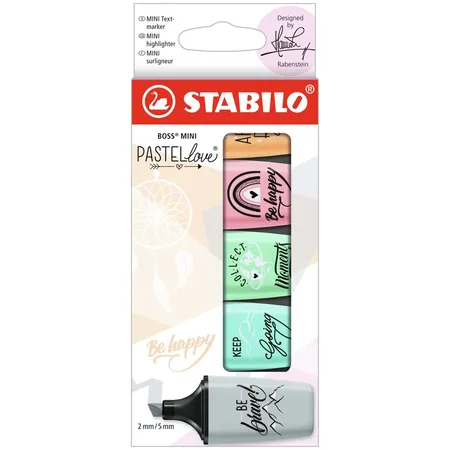 Textmarker - STABILO BOSS MINI Pastellove 2.0 - 5er Pack - rosiges Rouge, zartes Türkis, Hauch von Minzgrün, seidengrau, sanftes Orange