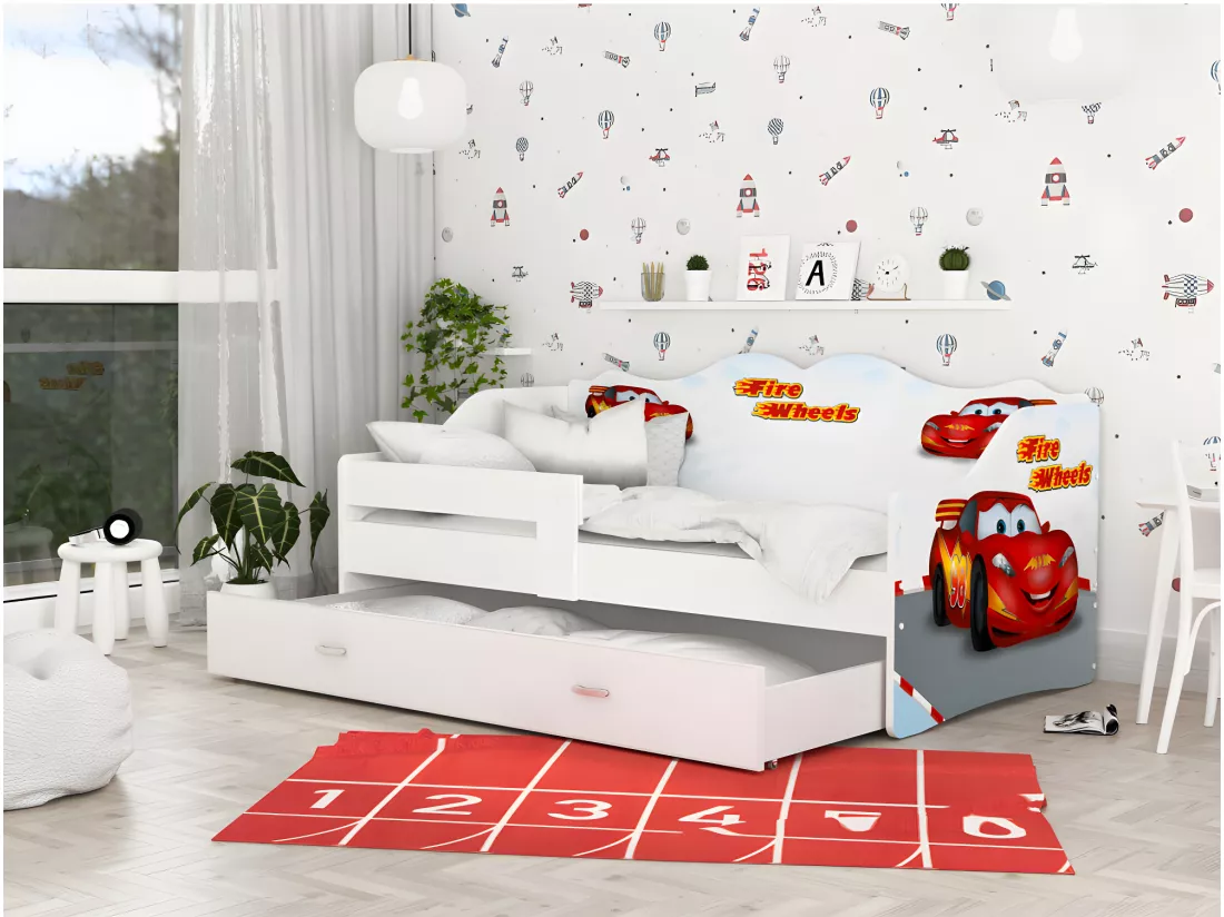 Lit Banquette Neli Cars 80x160 Blanc Livré avec sommiers, tiroir et matelas en mousse de 7cm