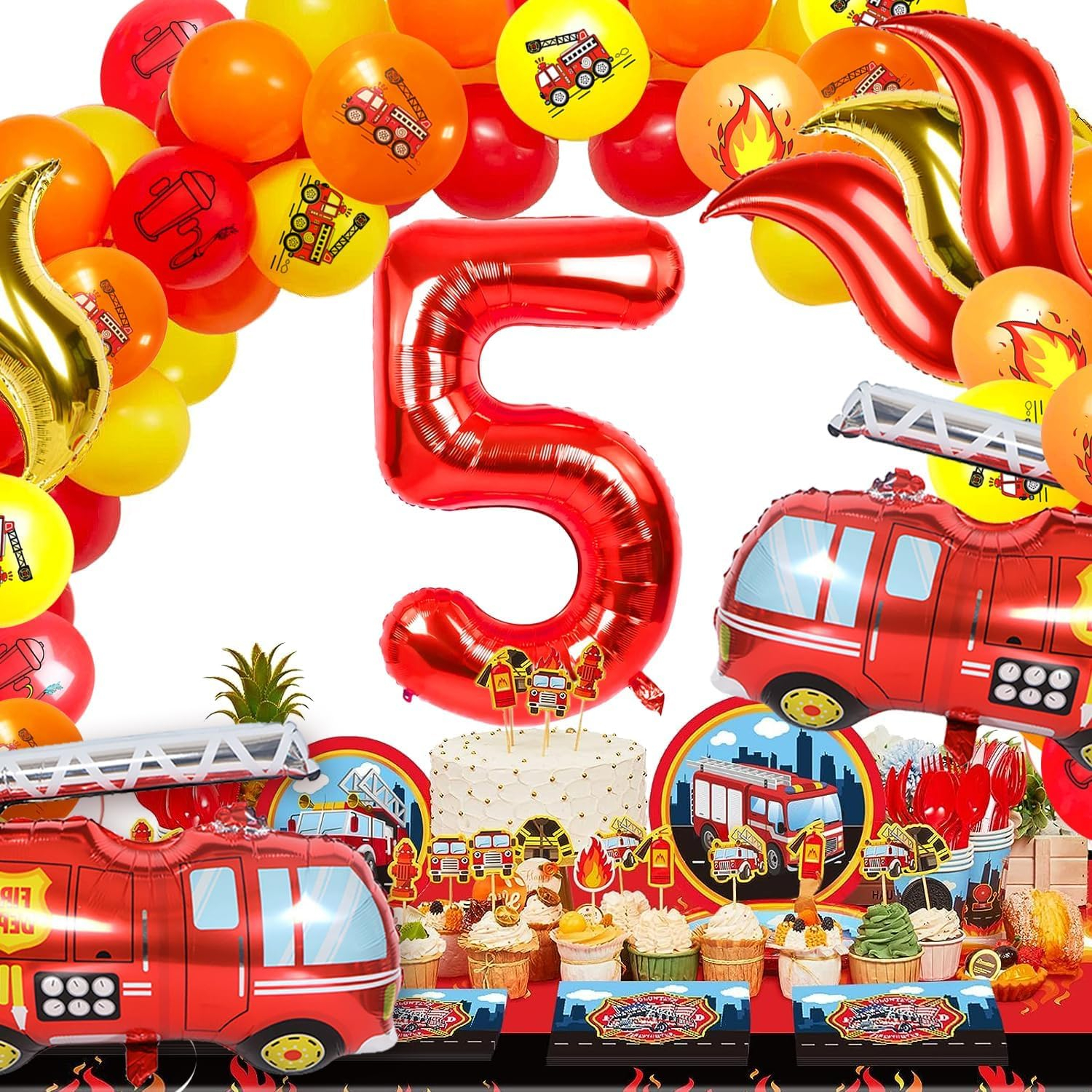 (21-tlg. Set) Zahlen Ballon Kinder Geburtstags Party Folienballon inkl. Latex Luftballons - Zahl 5 / Feuerwehr