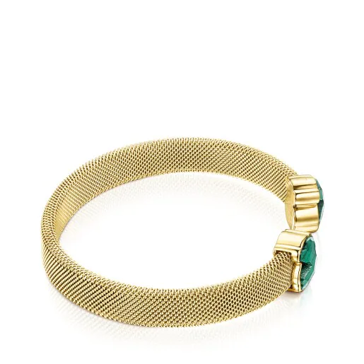 Pulseira de malha de malaquita e aço com revestimento em ouro