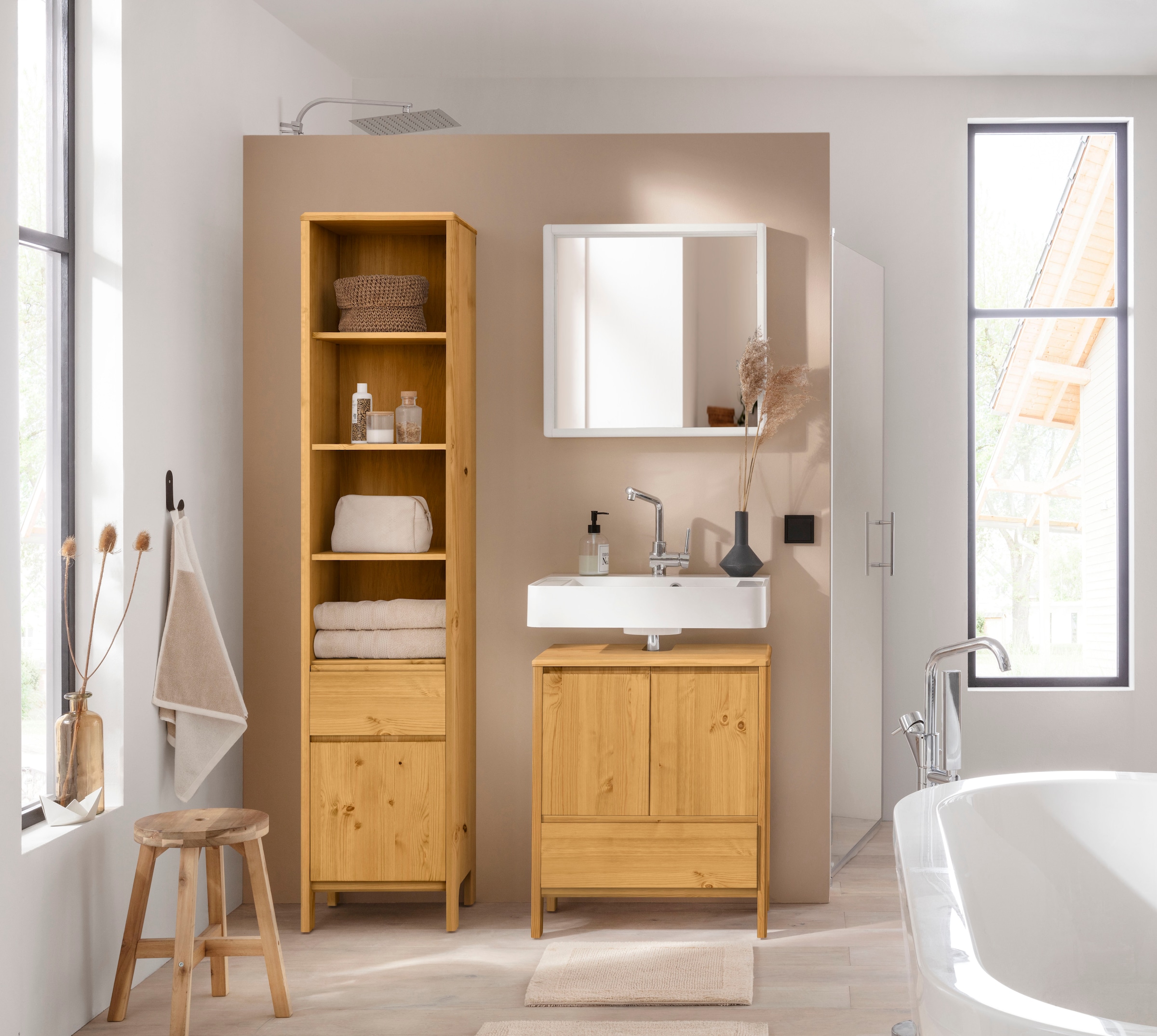 GOODproduct Waschbeckenunterschrank »Jorrick« Breite 60 cm, Kiefer mit Bio Öl/Wachs behandelt, Siphonausschnitt