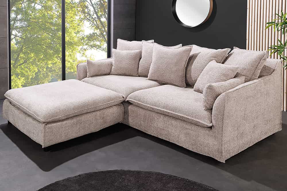 Großes 3-Sitzer Sofa HEAVEN 200cm champagner beige Bouclé Federkern Hussensofa
