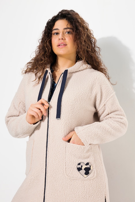 Teddy-Longjacke, Herz, Oversized, Kapuze
