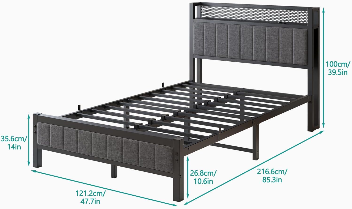 Bettrahmen mit Ladestation Doppelbett/Einzelbett Gästebett Metallbett Polsterbett 120x200 Bettgestell aus Metall,Jugendbett mit Lattenrost Kopfteil in Grau,für Schlafzimmer Gästezimmer