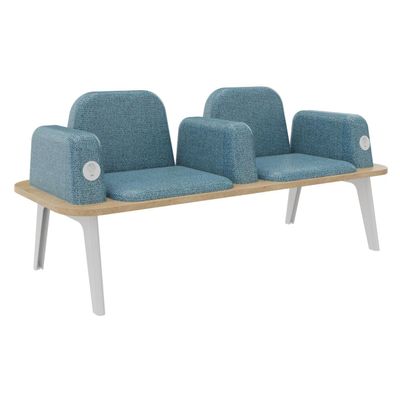 Banquette ILO - 2 places L172xP67cm - blanc - structure chêne clair - tissu bleu guède