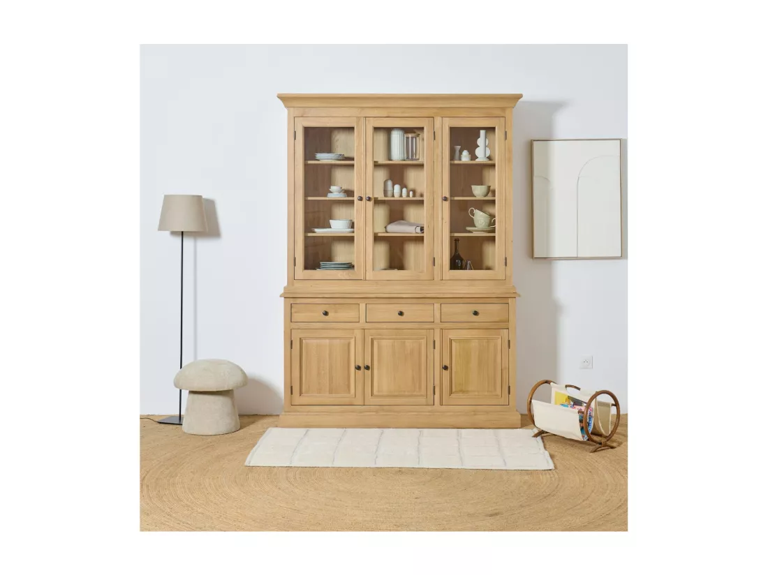 Buffet vaisselier en chêne 3 portes vitrées 3 tiroirs 3 portes bois - VICTORIA