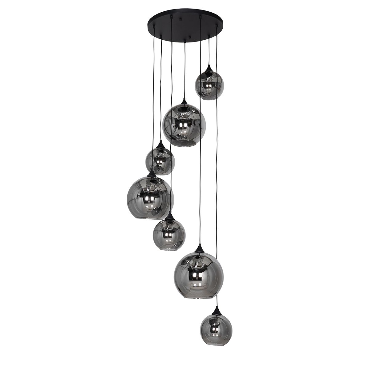 Smart hanglamp zwart met smoke glas rond 7-lichts incl. 7 Wifi A60 - Sandra