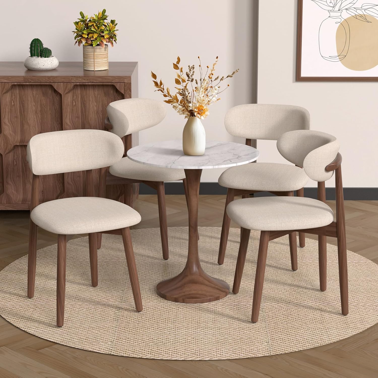 Esszimmerstühle 4er Set Stühle Esszimmer Modern Esszimmerstuhl Holz Küchenstühle 4er Set Leinen Stoff Gepolstert Dining Chair Armlehnstuhl Beige Gebogener Rückenlehne für Zuhause, Restaurant