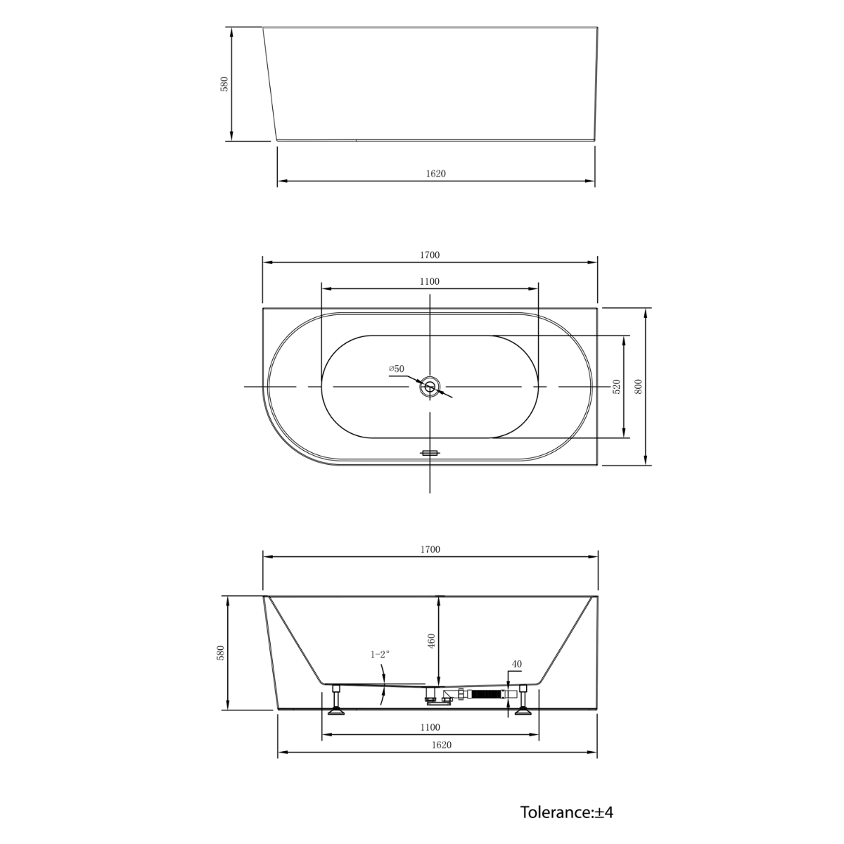 Aqualine Tibera half-vrijstaand ligbad rechts 170x80x58cm wit