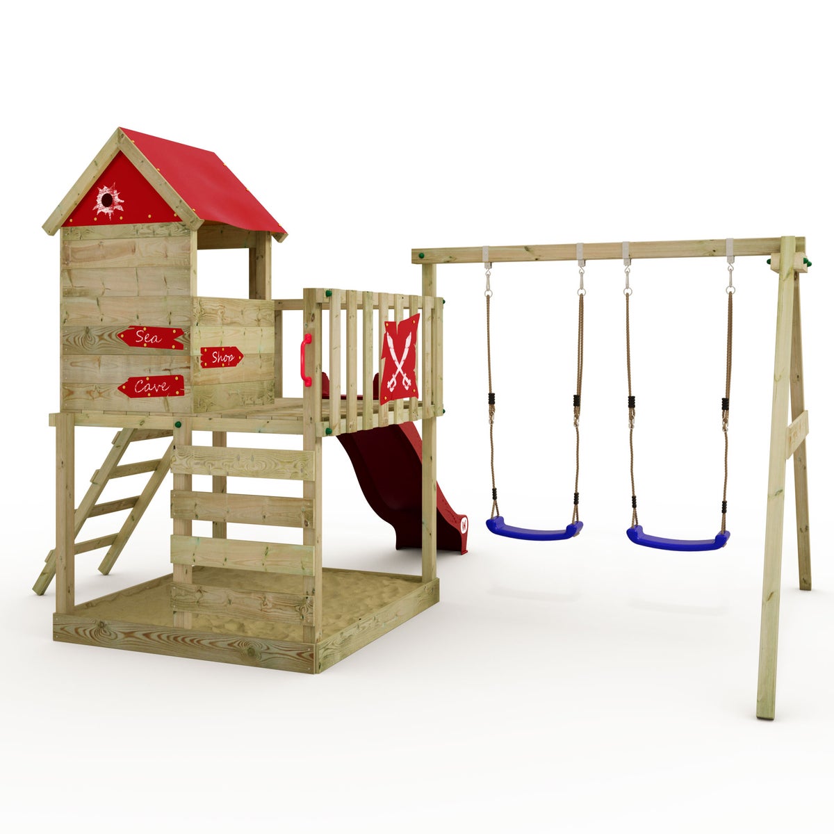 WICKEY Smart Cave speeltoren klimtoestel met schommel en glijbaan, boomhut met zandbak, klimladder en speeltoebehoren - rood