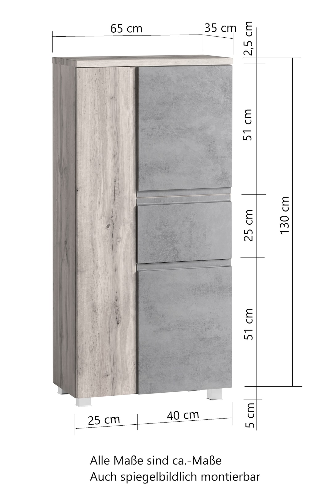 Midischrank Gent hellgrau/braun B/H/T 65x130x35 cm