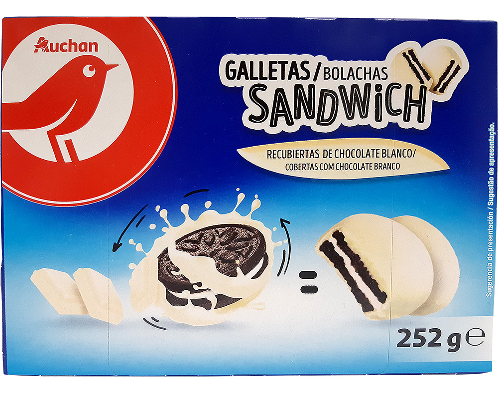 BOLACHA AUCHAN SANDWICH COBERTAS COM CHOCOLATE BRANCO 252G