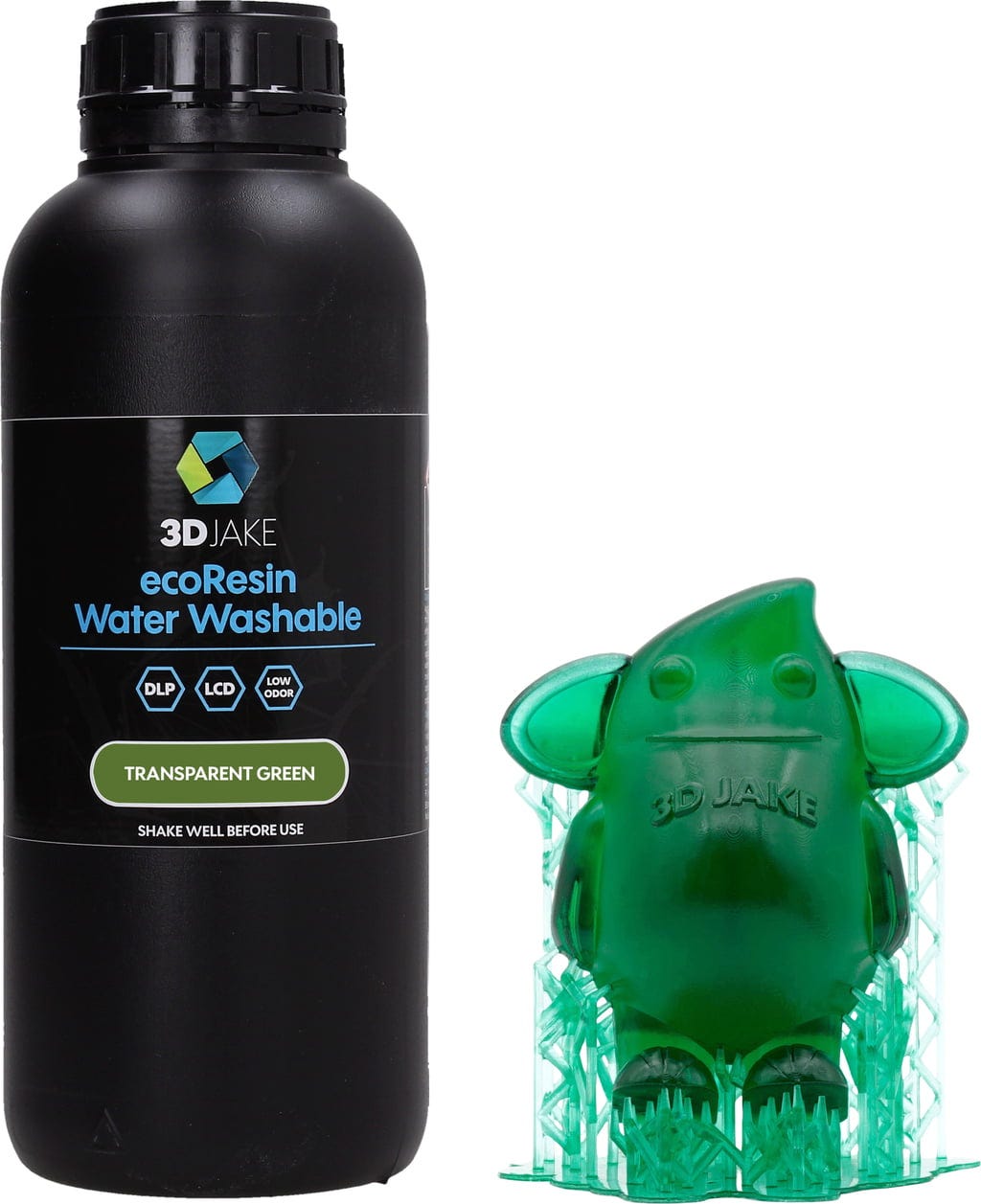 3DJAKE  ecoResin Water Washable Transparent Grün, 1.000 g    Hochwertiges, wasserwaschbares Resin für effizienten 3D-Druck in Transparent Grün
