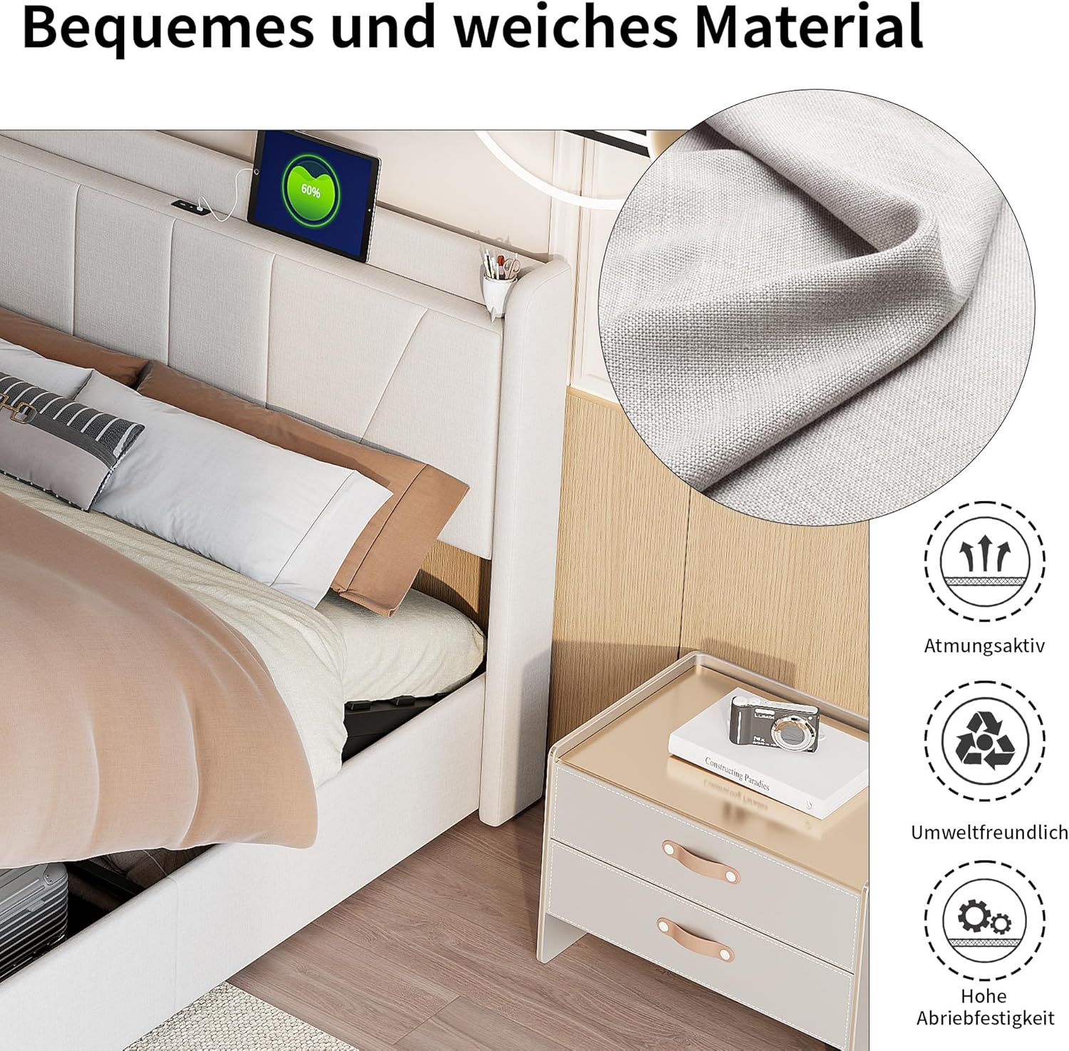 Polsterbett 160x200 mit Stauraum, Hydraulisch Stauraumbett, Doppelbett mit USB und kopfteil, Bettgestell mit Lattenrost, Bettrahmen für Erwachsene, Leinen (Beige, 160 x 200 cm)