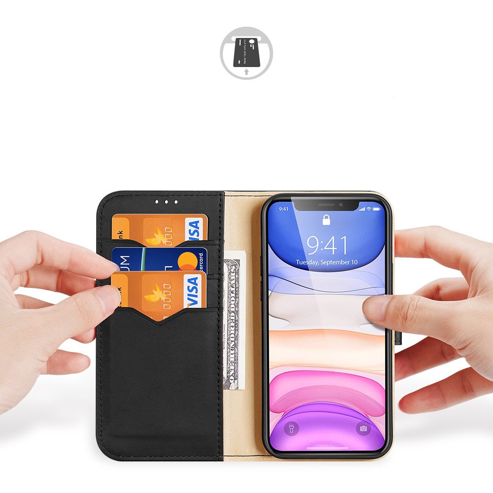 iPhone 12 / iPhone 12 Pro Flip Wallet Cover Echtleder Tasche (RFID Schutz) - Schwarz
