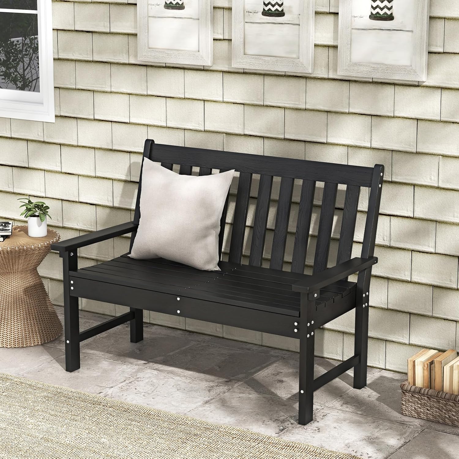 COSTWAY Gartenbank wetterfest, Allwetter-Sitzbank aus HDPE, Parkbank für 2-3 Sitzer, Balkontank bis 320kg belastbar, Terrassenbank für Garten, Balkon und Terrasse, 132 x 65 x 91 cm (Schwarz)