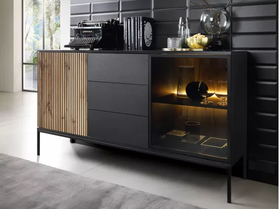 Commode Soferi 104, Chêne wotan|Noir, Avec tiroirs et portes, Nombre de tiroirs: 3, 83cm
