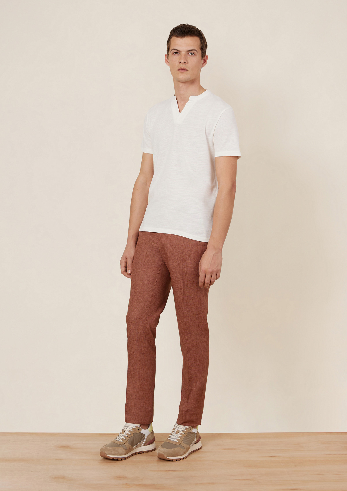 Pantalon coordonnable Slim en coton et lin mélangés unis terracotta